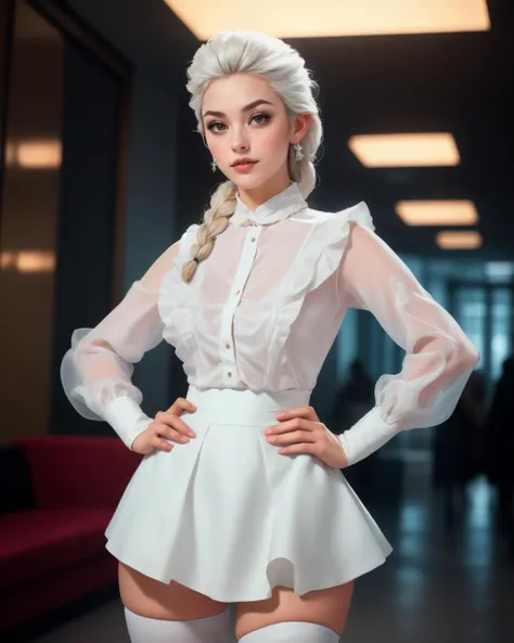 cinematic film still 1girl, solo,  beautiful adult woman, high quality, elsa \(frozen\), (frost magic), (snowflakes), platinum blonde braid,  frown,  best quality, highres, high detail,  <lora:Outfit_hud-OfficeChicRuffleDress:0.6> ruffl3_1, ruffled blouse, hands on hip, rim lighting,bokeh, exotic, unique haute couture, zettai ryouiki, cuffs, peplum, steel and glass luxury office lobby . shallow depth of field, vignette, highly detailed, high budget, bokeh, cinemascope, moody, epic, gorgeous, film grain, grainy