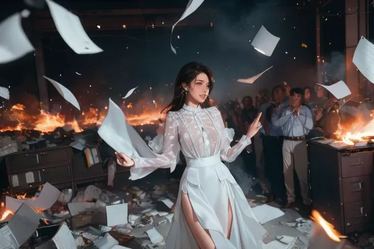 <lora:detail_slider_v4:1> 1girl, ((bokeh:0.4)), ethereal expanse of dreams, wide aperture, classic noir cinematography,  <lora:ruffl3_1:0.8> ruffl3_1,  white dress, in a office with papers flying, trash burning, fire, panicked crowd, cash flying