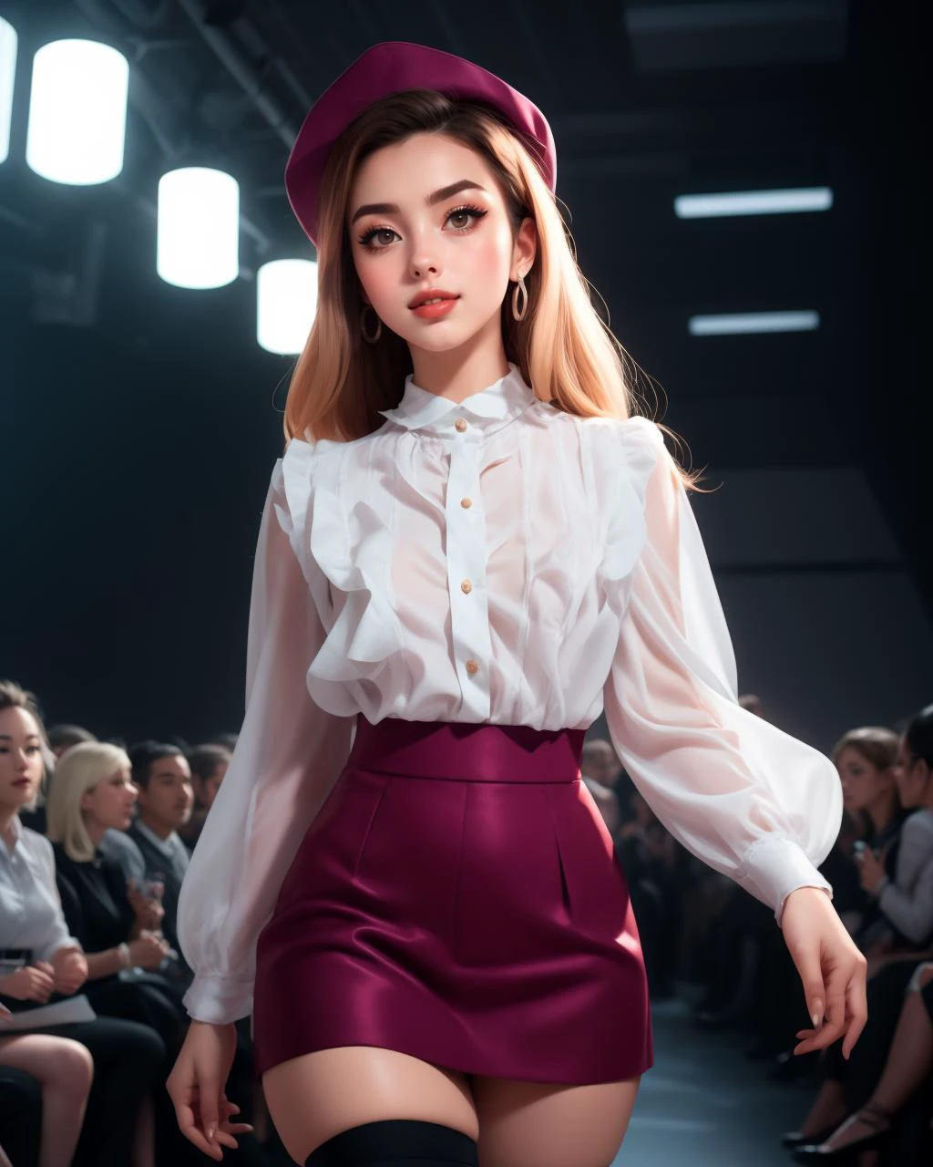 cinematic film still 1girl, solo, beautiful adult woman, high quality, Nobody_NoraHepsie, eyeliner, eyeshadow, makeup, red lips (blonde hair) messy hair, beret, smile, best quality, highres, high detail, <lora:Outfit_hud-OfficeChicRuffleDress:0.6> ruffl3_1, purple ruffled blouse, catwalk, walking, atmospheric lighting,rim lighting, Embroidered applique, zettai ryouiki, . shallow depth of field, vignette, highly detailed, high budget, bokeh, cinemascope, moody, epic, gorgeous, film grain, grainy
