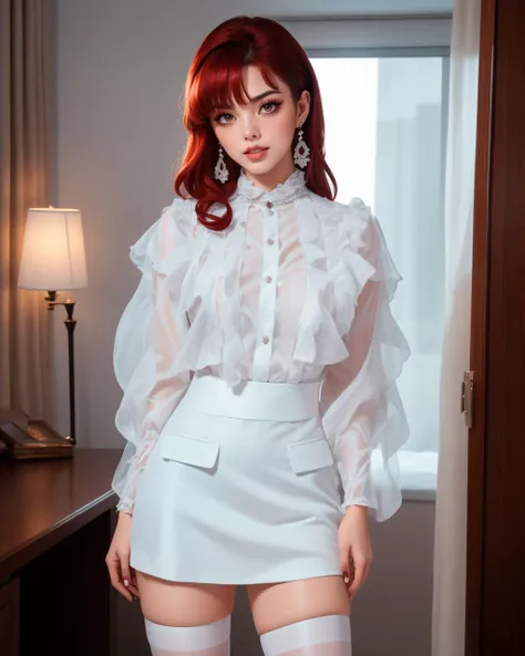 1girl, solo,  beautiful adult woman, high quality, Nobody_MargauxCipher, eyeliner, eyeshadow, makeup, glitter lips red hair [afro:voluminous wild hair:3],  intense,  best quality, highres, high detail,  <lora:Outfit_hud-OfficeChicRuffleDress:0.75> ruffl3_1, white dress, luxury hotel room, atmospheric lighting,rim lighting, Meta Gala zettai ryouiki,