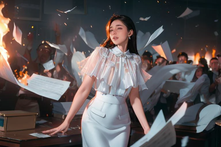 <lora:detail_slider_v4:1> 1girl, ((bokeh:0.4)), ethereal expanse of dreams, wide aperture, classic noir cinematography, <lora:ruffl3_1:0.8> ruffl3_1, white dress, in a office with papers flying, trash burning, fire, panicked crowd, cash flying