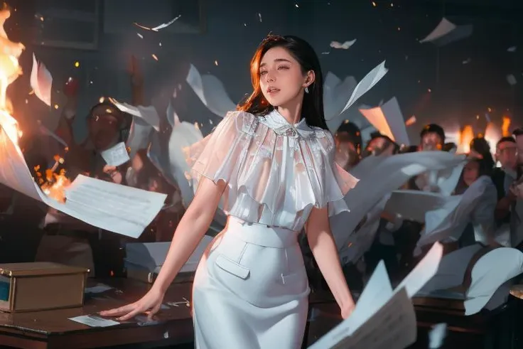 <lora:detail_slider_v4:1> 1girl, ((bokeh:0.4)), ethereal expanse of dreams, wide aperture, classic noir cinematography,  <lora:ruffl3_1:0.8> ruffl3_1,  white dress, in a office with papers flying, trash burning, fire, panicked crowd, cash flying