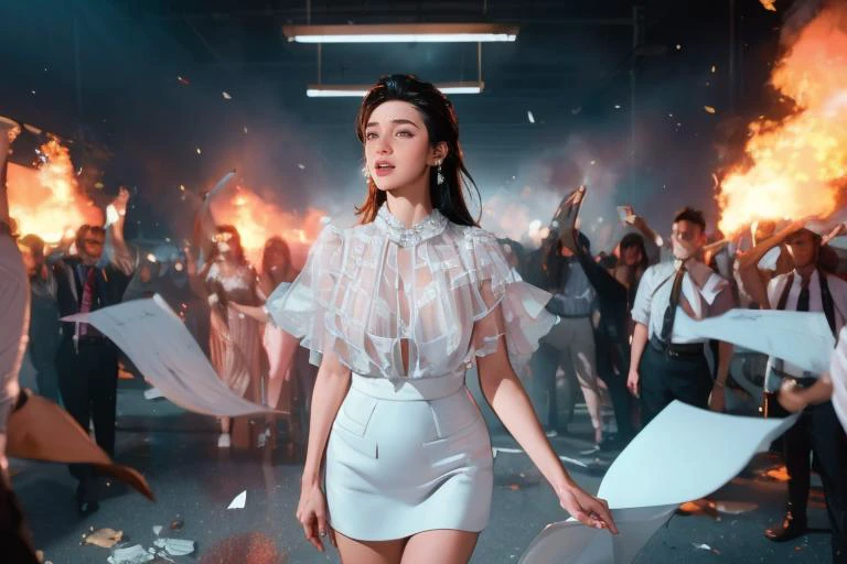 <lora:detail_slider_v4:1> 1girl, ((bokeh:0.4)), ethereal expanse of dreams, wide aperture, classic noir cinematography, <lora:ruffl3_1:0.8> ruffl3_1, white dress, in a office with papers flying, trash burning, fire, panicked crowd, cash flying