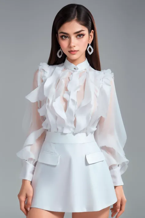 1girl, solo, beautiful adult woman, high quality, Person_GloriaNobody, eyeliner, eyeshadow, makeup, glitter lips frown, best quality, highres, high detail, <lora:Outfit_hud-OfficeChicRuffleDress:0.75> ruffl3_1, white dress