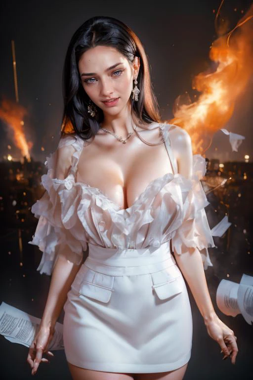 <lora:detail_slider_v4:1> 1girl, caucasian, american girl, mediation, peace of mind, blush, a woman with black hair, (very cute face:0.8)), ((_happy-expression_)), _realistic-term_, acknowledged, highly detailed photography, 3 point lighting, flash with softbox, by photo by Arny Freytag, 80mm, high quality, fine details, 64k, (a beautiful woman:1.5), (looking straight at the camera:1.3), <lora:Pear_v1:0.8> ((bokeh:0.4)), ethereal expanse of dreams, wide aperture, classic noir cinematography, white dress, in a office with papers flying, trash burning, fire, panicked crowd, cash flying, crash market, shedding papers, retracted, ((business corruption)) <lora:ruffl3_1:0.8> ruffl3_1