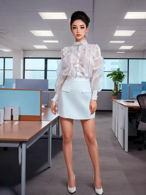 (full body photo:1.4), woman,<lora:ruffl3_1:0.75>, ruffl3_1, white dress, (short curly 80s hair updo:1.1), best quality, high detail, high quality, high res, 4k,eyeliner, pouty lips, detailed skin texture, (blush:0.5), (office:1.4)