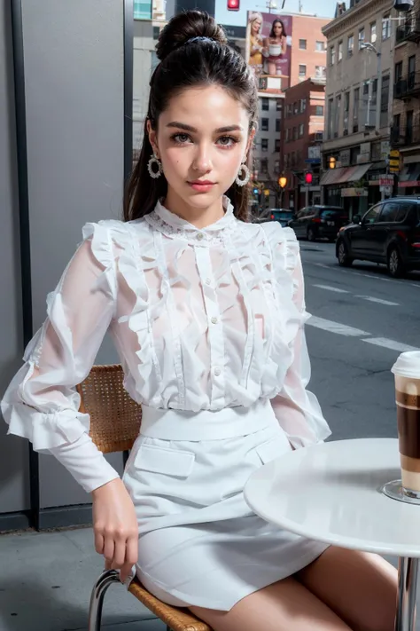 (realistic:1.3), finely detailed, quality, rembrandt lighting, (masterpiece:1.2), (photorealistic:1.2), (best quality), (detailed skin:1.3), (intricate details), dramatic, ray tracing, 1girl, american girl, 21 years old, detailed skin texture, (blush:0.5), (goosebumps:0.5), subsurface scattering, smiling, medium breasts, (updo hair, blonde hair, bangs, hair between eyes:1.1), ruffl3_1, white dress, cowboy shot, sitting on chair, (bright sunny day, outdoors, cafe, table, chair, coffee cup, croissant, new york, cityscape), <lora:ruffl3_1:0.8>