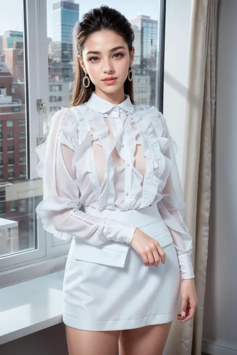 (realistic:1.3), finely detailed, quality, rembrandt lighting, (masterpiece:1.2), (photorealistic:1.2), (best quality), (detailed skin:1.3), (intricate details), dramatic, ray tracing, 1girl, american girl, 21 years old, detailed skin texture, (blush:0.5), (goosebumps:0.5), subsurface scattering, smiling, medium breasts, (updo hair, blonde hair, bangs, hair between eyes:1.1), ruffl3_1, white dress, cowboy shot, (bright sunny day, indoors, window, new york, cityscape, office, office lady, desk, computer), <lora:ruffl3_1:0.8>