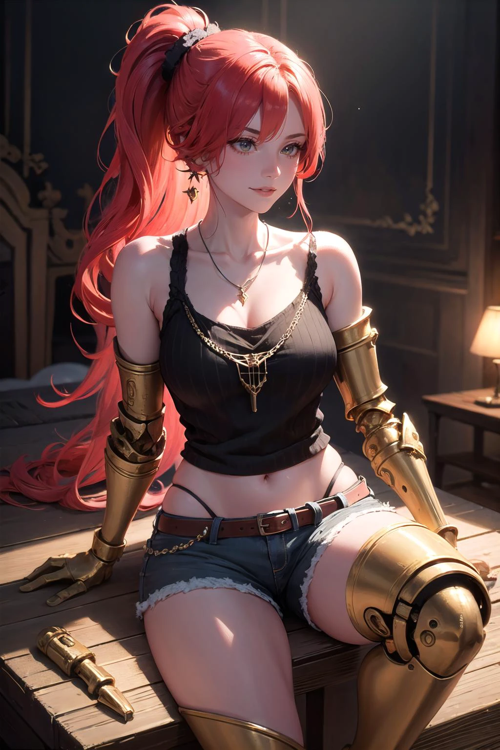 (highly detailed:1.3),
1girl, solo, light smile, (high ponytail:1.1),
<lora:Malenia:1>, Malenia, prothestic leg, single mechanical arm, prosthesis, short shorts, sleeveless shirt, bohemian chic fashion, collarbone, bare shoulders, necklace, jewelry, (single earring:1.1),
Ultra-detail, (highres:1.1), best quality, (masterpiece:1.3), cinematic lighting,