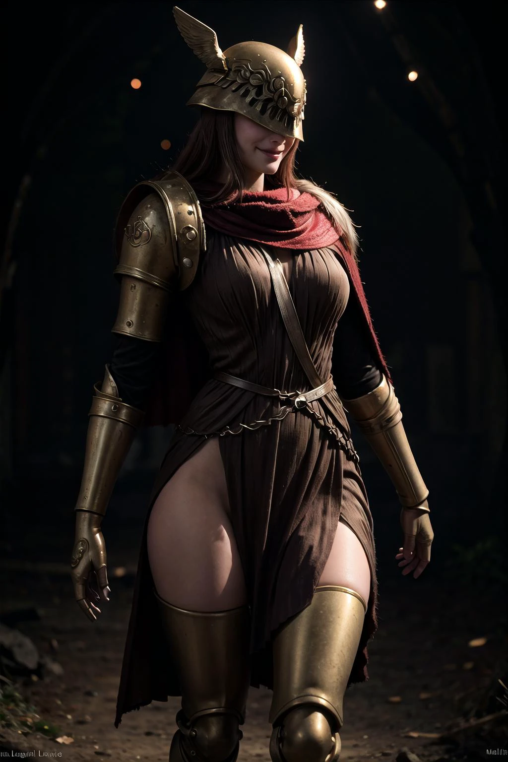 (highly detailed:1.3),
1girl, solo, light smile simple background,
<lora:Malenia:1>, Malenia, armor, cape, helmet, brown dress, prothestic leg, single mechanical arm, prosthesis,
Ultra-detail, (highres:1.1), best quality, (masterpiece:1.3), cinematic lighting,
<lora:add_detail:0.5>, <lora:epi_noiseoffset2:1>,