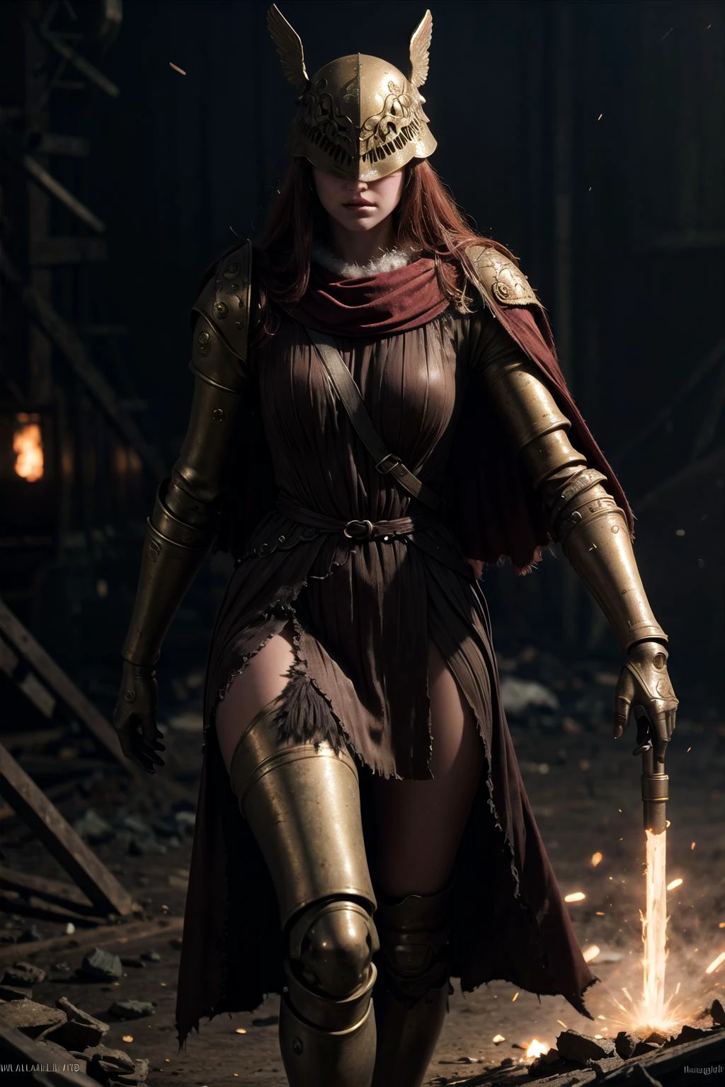 (highly detailed:1.3),
1girl, solo, angry, war torn backgorund,
<lora:Malenia:1>, Malenia, armor, cape, helmet, brown dress, prothestic leg, single mechanical arm, prosthesis,
Ultra-detail, (highres:1.1), best quality, (masterpiece:1.3), cinematic lighting,
<lora:add_detail:0.5>, <lora:epi_noiseoffset2:1>,