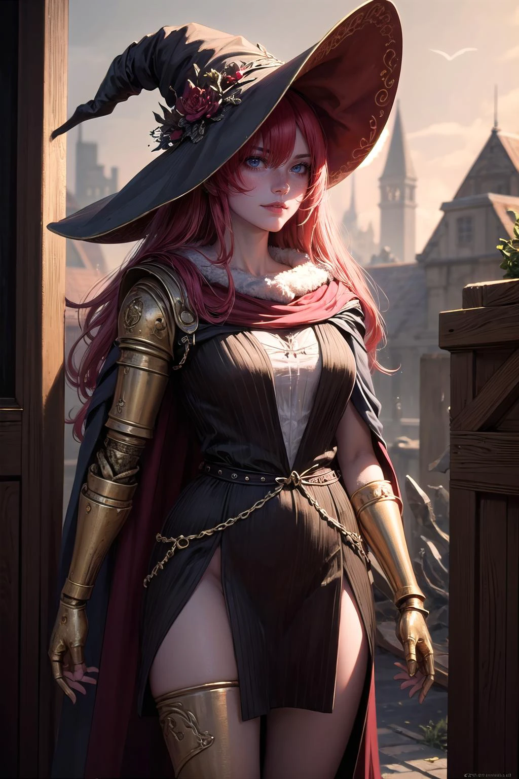 (highly detailed:1.3),
1girl, solo, light smile, (standing:1.1),
<lora:Malenia:1>, Malenia, prothestic leg, single mechanical arm, prosthesis, (witch:1.1), cape, rugged witch clothing,
Ultra-detail, (highres:1.1), best quality, (masterpiece:1.3), cinematic lighting,
<lora:add_detail:0.5>,
