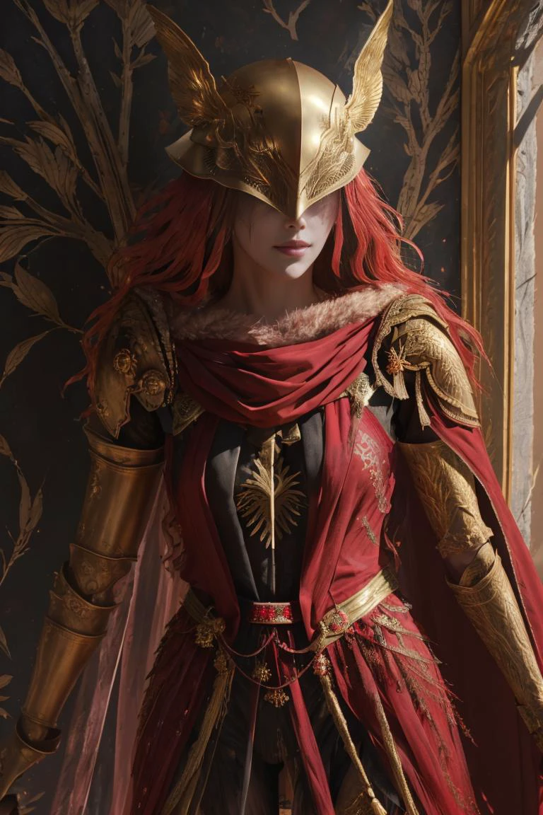 <lora:MaleniaV2:0.8> MaleniaDef, armor, cape, helmet, red and gold dress, prothestic leg, single mechanical arm, prosthesis, <lora:BurntScarOnFace:0.8> IncrsBurntScar, scar, covered eyes <lora:edgEasternFantasy:0.8> edgEF, wearing edgEF eastern clothing,, masterpiece, best quality, CG, wallpaper, HDR, high quality, high-definition, extremely detailed