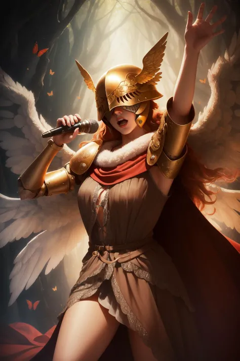 (masterpiece, best quality), intricate details,
1girl, <lora:MaleniaV2:0.8> MaleniaDef, armor, cape, helmet, brown dress, MaleniaRot, wings, covered eyes, scar, butterfly, bug, prothestic leg, single mechanical arm, prosthesis
singing, microphone, on stage,
