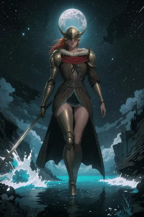 1girl, starry, strry light, night, colorful, cloud, star \(sky\), prothestic leg, single mechanical arm, prosthesis, MaleniaDef, armor, cape, helmet, brown dress, <lora:Char_EldenRing_Malenia:1>, holding, sword, ocean, walking on liquid, night, (dark environment), <lora:Style_DarkIncursioStyle:1>