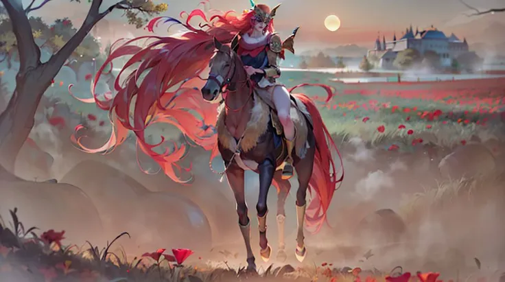 <lora:Malenia_EldenRing:1> MaleniaDef, (Gold-wing helmet:0.1), Armor, long red hair, red cape, brown dress, single golden mechanical arm, prothestic leg,  prosthesis, bronze sword,
Full body portrait, royal poise, (On a big horse:1.3), rearing, stride:0.1,
(Hyperrealistic photo, masterpiece, best quality, 8k, high_resolution:1.4), (ultra details, Cinematic lighting, Volumetric, High Contrast, Light and Shadow:1.2), (vibrant color, realistic RAW photo, Kodak,Color Graded:1.5), (Depth of Field, Bokeh, foggy background:1.7), bloom, Chromatic Aberration ,Photorealistic, (Dutch angle shot:1.3),
(Pale skin:1.2),(perfect face+skin+hand:1.2), medium breast, choker, (glossy lips), hand-on-belly, head-tilt sideways
(Giant World Tree:1.2),(grand castle:1),(Lake, Waterfall:1), (birdseye view, landscape:1), (distant Campfire:0.5),  (twilight Sky:1), Two Moons, cloudy, red poppy flowers,  wheat field,
<lora:dark_noiseoffset2:0.6> studio lighting, rim light, low key, <lora:color_temperature_slider:-3> cooler color,
