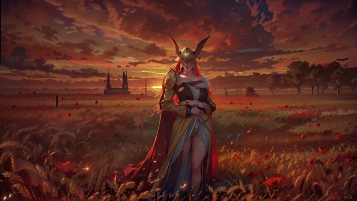 <lora:Malenia_EldenRing:1> MaleniaDef, (Gold wing helmet:1.2), Armor, red cape, brown dress, single golden mechanical arm, prothestic leg, prosthesis, bronze sword,
full body portrait, royal poise, stride,
(Hyperrealistic photo, masterpiece, best quality, 8k, high_resolution:1.4), (ultra details, Cinematic lighting, Volumetric, High Contrast, Light and Shadow:1.2), (vibrant color, realistic RAW photo, Kodak,Color Graded:1.5), (Depth of Field, Bokeh:1.4), (Dutch angle shot:1.3),
(Pale skin:1.2),(perfect face+skin+hand:1.2), medium breast, choker, (glossy lips), hand-on-belly, head-tilt sideways
<lora:Landscape_CheeseDaddy:0.8> (fantasy grand castle,flags:1.3),Lake, Waterfall:1.2), (birdseye view:1.2), (massive scale:1.2) environment, vast landscape, (distant Campfire:1),
(gorgeous Sunset Sky:1.2), bloom, Chromatic Aberration ,Photorealistic, distant catherdral,
wheat field, panoramic nature, storm cloud, distant lake, red poppy flowers,
<lora:SunAndShadow_Eisthol:0.8> aurora, storm cloud,
<lora:dark_noiseoffset2:0.6> studio lighting, rim light, low key, <lora:color_temperature_slider:-3> cooler color,
<lora:Anime Realism Control:0.35>,