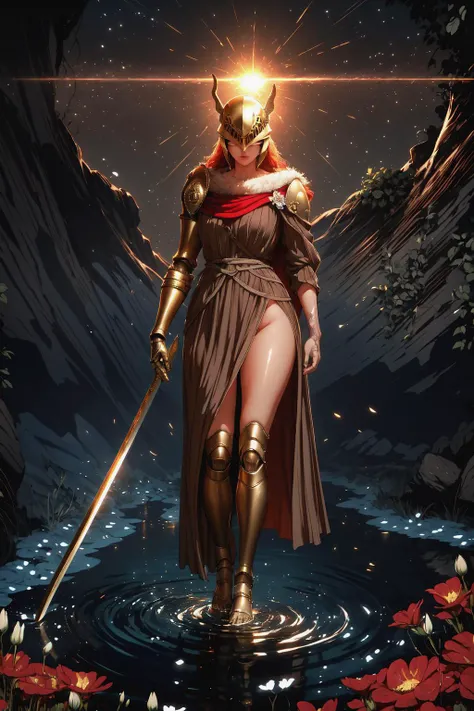 Highly detailed, High Quality, Masterpiece, beautiful, 1girl, prothestic leg, single mechanical arm, prosthesis, MaleniaDef, armor, cape, helmet, brown dress, <lora:MaleniaV2:1>, sword, holding sword, full body, wide shot, flower, water, solo, sunset, night, (dark environment), <lora:Style_DarkIncursioStyle:1>, <lora:Other_MoreDetails:0.5>
