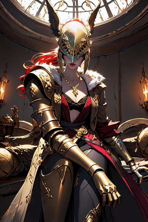 1girl, xivuraeuscoat, <lora:xivuraeuscoat_v10:1>, prothestic leg, single mechanical arm, prosthesis, MaleniaDef, helmet, <lora:Char_EldenRing_Malenia:0.85>, wrenchsfantasy, fantasy, <lora:Style_WrenchsFantasies:0.5>, jewelry, gem, indoors, luxury ball,