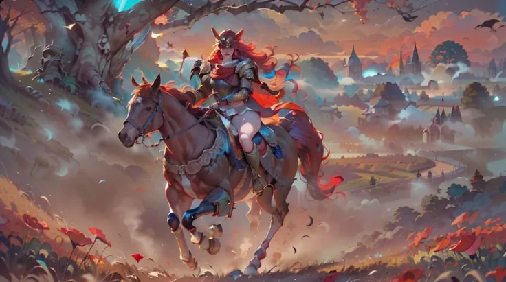<lora:Malenia_EldenRing:1> MaleniaDef, (Gold-wing helmet:0.1), Armor, long red hair, red cape, brown dress, single golden mechanical arm, prothestic leg, prosthesis, bronze sword,
Full body portrait, royal poise, (Riding a bronze-armored horse:1.4), gallop, stride:0.1,
(Hyperrealistic photo, masterpiece, best quality, 8k, high_resolution:1.4), (ultra details, Cinematic lighting, Volumetric, High Contrast, Light and Shadow:1.2), (vibrant color, realistic RAW photo, Kodak,Color Graded:1.5), (Depth of Field, Bokeh, foggy background:1.7), bloom, Chromatic Aberration ,Photorealistic, distant catherdral,(Dutch angle shot:1.3),
(Pale skin:1.2),(perfect face+skin+hand:1.2), medium breast, choker, (glossy lips), hand-on-belly, head-tilt sideways
<lora:Landscape_CheeseDaddy:0.6> (Giant World Tree:1.3),(grand castle:1),(Lake, Waterfall:1), (birdseye view, massive scale, landscape:1, (distant Campfire:0.5), (twilight Sky:1.2), Two Moons, (Sunset:0.1), cloud, distant lake, red poppy flowers, wheat field,
<lora:dark_noiseoffset2:0.6> studio lighting, rim light, low key, <lora:color_temperature_slider:-3> cooler color,