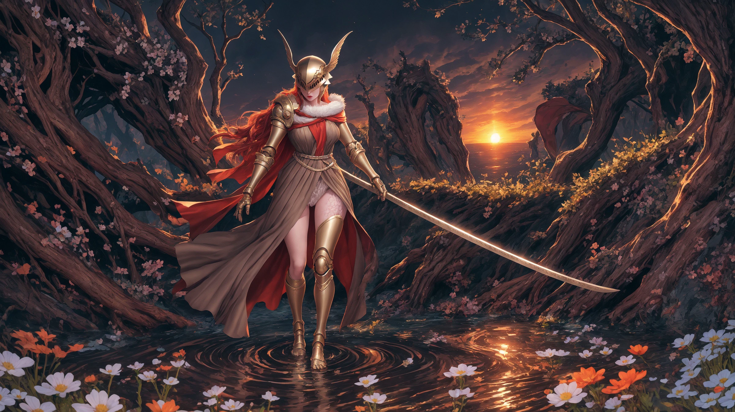 Highly detailed, High Quality, Masterpiece, beautiful, 1girl, prothestic leg, single mechanical arm, prosthesis, MaleniaDef, armor, cape, helmet, brown dress, sword, holding sword, full body, wide shot, flower, water, solo, sunset, night, (dark environment), , detailed illustration, <lora:MaleniaV2:0.9> <lora:detail_slider_v4:3>