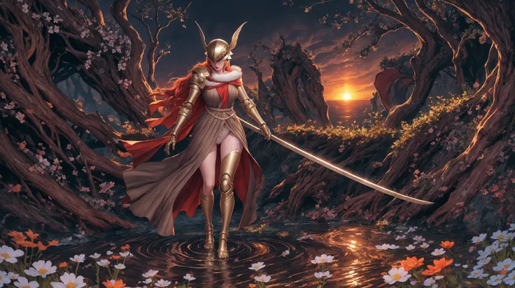 Highly detailed, High Quality, Masterpiece, beautiful, 1girl, prothestic leg, single mechanical arm, prosthesis, MaleniaDef, armor, cape, helmet, brown dress, sword, holding sword, full body, wide shot, flower, water, solo, sunset, night, (dark environment),  , detailed illustration,  <lora:MaleniaV2:0.9> <lora:detail_slider_v4:3>