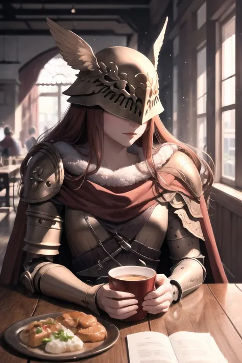 Highly detailed, High Quality, Masterpiece, beautiful, 1girl, solo, Malenia, <lora:Malenia:1>, armor, red cape, helmet, brown dress, single mechanical arm, prosthesis, food, simple background, elbows on table, cup, blurry background, indoors, upper body, <lora:Pos_AcrossTable:1>