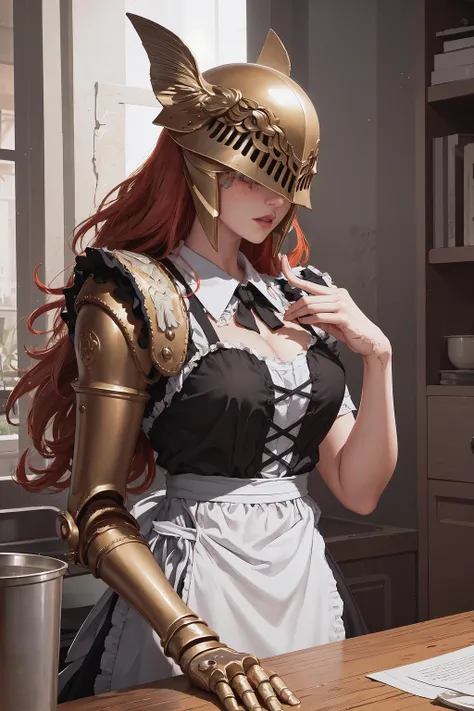 Highly detailed, High Quality, Masterpiece, beautiful, 1girl, single mechanical arm, prosthesis, MaleniaDef, <lora:MaleniaV2:0.9>, maid, maid headdress, maid apron, helmet