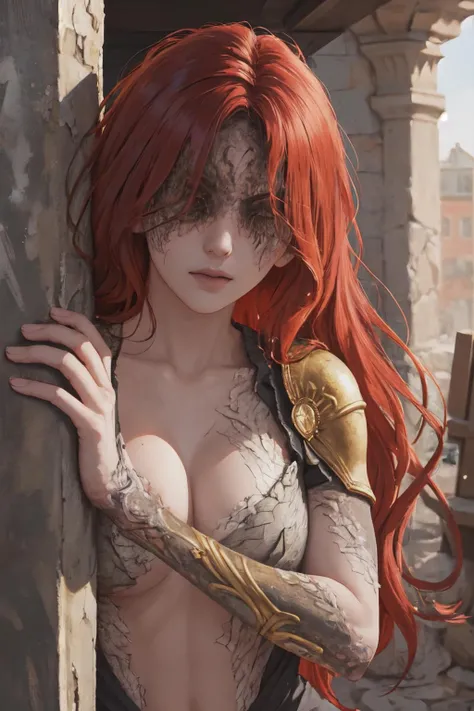 Highly detailed, High Quality, Masterpiece, beautiful, 1girl, prosthesis, MaleniaRot, covered eyes, scar, <lora:MaleniaV2:0.7>, IncrsBurntScar, <lora:BurntScarOnFace:0.7>, peeking out upper body, <lora:Pos_PeekingOut:1.3>, wall, behind wall
