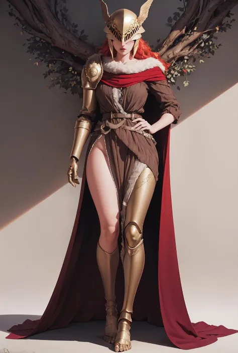 Highly detailed, High Quality, Masterpiece, beautiful, 1girl, prothestic leg, single mechanical arm, prosthesis, MaleniaDef, armor, cape, helmet, brown dress, <lora:MaleniaV2:1>, full body,