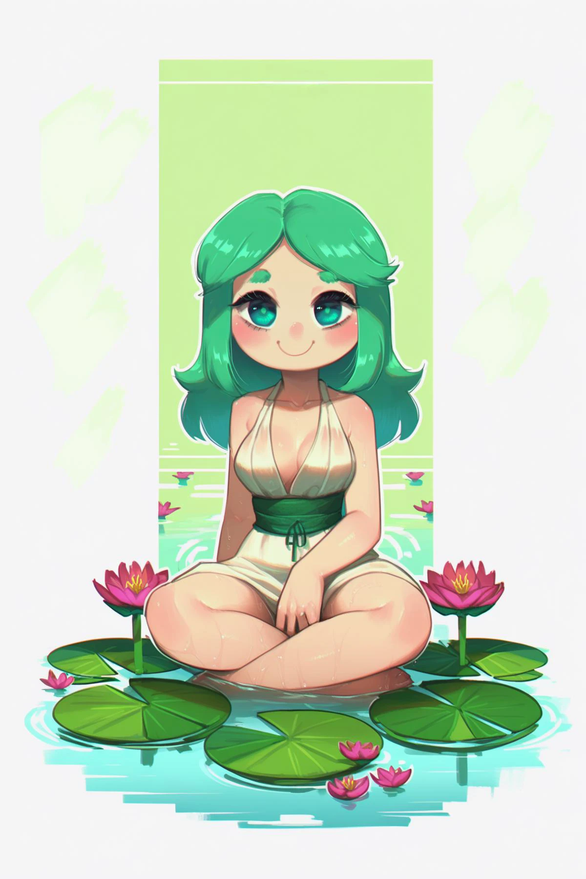 score_9, score_8_up, score_7_up, source_anime, <lora:Porforever_4RCH0N:1.2> 4RCH0N, 1girl, on lily pad flower, mature, green hair, long hair, frog girl, frog eyes, blush, medium breasts, collarbone, water lily, lily pad, flower, smile, solo, full body, looking at viewer, sitting on lily pad, detailed design, intricate details, simple background <lora:Fixhands_anime_bdsqlsz_V1:1>