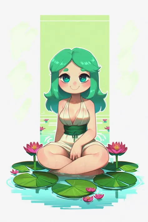 score_9, score_8_up, score_7_up, source_anime, <lora:Porforever_4RCH0N:1.2> 4RCH0N, 1girl,  on lily pad flower,  mature, green hair, long hair, frog girl, frog eyes, blush, medium breasts, collarbone, water lily, lily pad, flower, smile, solo, full body, looking at viewer, sitting on lily pad, detailed design, intricate details, simple background  <lora:Fixhands_anime_bdsqlsz_V1:1>