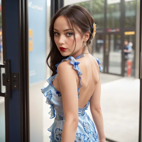 high quality photograph of a Elena Noexiste,  (blue floral silk dress:1.4), (looking back as she walks out the door:1.4), in a shopping mall, red lipstick, super haute couture highly detailed eye, focus on eyes and face, highly detailed lips, highly detailed skin, bokeh, lenseflare,shot with Hasselblad X1D - 50c, <lora:ElenaNoexiste_v1:0.7>