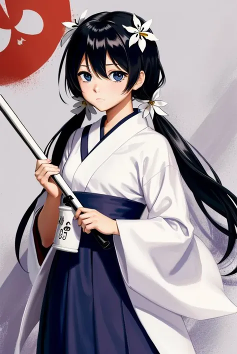 (masterpiece, best quality:1.2), <lora:bsd_kyouka-10:0.4>, solo, 1girl, izumi kyouka, indigo hair, cute, looking at viewer, long hair, low twintails, hair flower, hair ornament,  white shitagi, black kosode, black hakama, white hakama-himo, (bleach shinigami clothing:1.4)