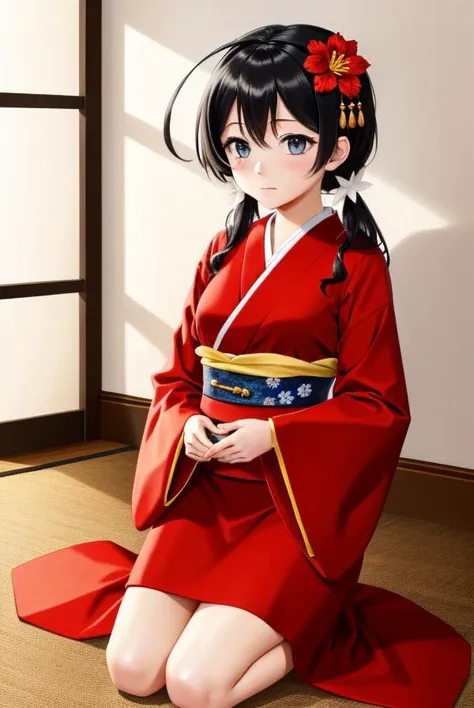 (masterpiece, best quality:1.2), <lora:bsd_kyouka-10:0.4>, solo, 1girl, izumi kyouka, expressionless, kneeling, long hair, low twintails, hair flower, hair ornament, japanese clothes, red kimono