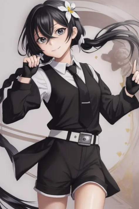 (masterpiece, best quality:1.2), <lora:bsd_kyouka-10:0.4>, solo, 1girl, izumi kyouka, smile, looking at viewer, long hair, low twintails, hair flower, hair ornament, white collared shirt, black necktie, sleeves rolled up, black shorts, black fingerless gloves, belt