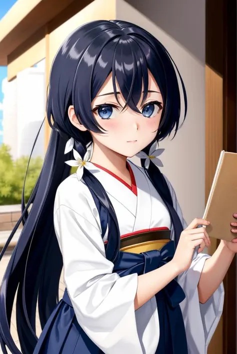 (masterpiece, best quality:1.2), <lora:bsd_kyouka-10:0.4>, solo, 1girl, izumi kyouka, indigo hair, cute, looking at viewer, long hair, low twintails, hair flower, hair ornament,  white shitagi, black kosode, black hakama, white hakama-himo