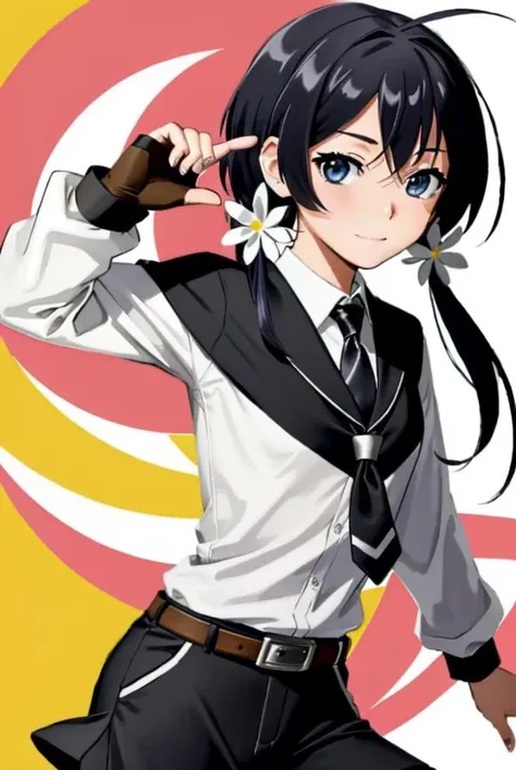 (masterpiece, best quality:1.2), <lora:bsd_kyouka-10:0.7>, solo, 1girl, izumi kyouka, smile, looking at viewer, long hair, low twintails, hair flower, hair ornament, white collared shirt, black necktie, sleeves rolled up, black shorts, black fingerless gloves, belt