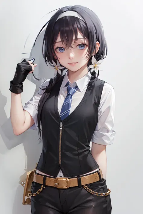 (masterpiece, best quality:1.2), <lora:bsd_kyouka-10:0.8>, solo, 1girl, izumi kyouka, smile, looking at viewer, long hair, low twintails, hair flower, hair ornament, white collared shirt, black necktie, sleeves rolled up, black shorts, black fingerless gloves, belt