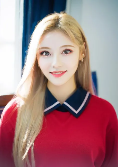 1girl, (masterpiece, best quality:1.2), adult woman, Best portrait photography, <lora:Jinsoul-10:1>, full body, bedroom, <lora:FilmVelvia3:0.5>, facing viewer, (perfect eyes:1.3), perfect proportions, Jinsoul, octane render, blonde hair, school uniform, white skirt, red sweater, fcHeatPortrait, smile,