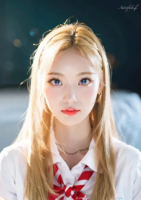1girl, (masterpiece, best quality:1.2), adult woman, Best portrait photography, <lora:Jinsoul-10:.7>, full body, bedroom, <lora:FilmVelvia3:0.5>, facing viewer, (perfect eyes:1.3), perfect proportions, Jinsoul, octane render, blonde hair, school uniform, white skirt, red sweater, fcHeatPortrait,