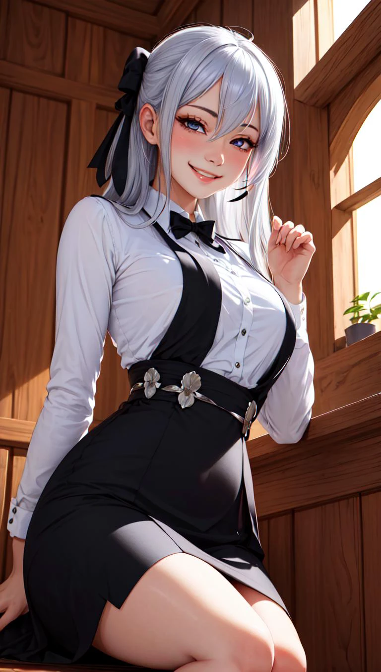 masterpiece, best quality, 1girl, silver hair, from below, sitting, hair ribbon, evil smile, half-opened eyes, <lora:tamarillo:0.3>
