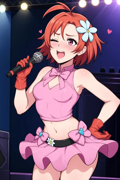 2girl, ultra high res, very low angle ,looking down at viewer , very large chest size , shorts, underboob , microphone, singing, smile, open mouth, one hand pull shirt up, idol,