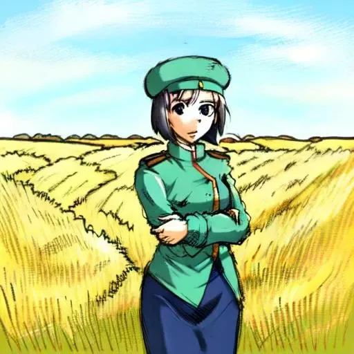 1girl,standing,blue hair,short hair,bob cut,beret,blouse,skirt,in wheat field,(crossed arms)