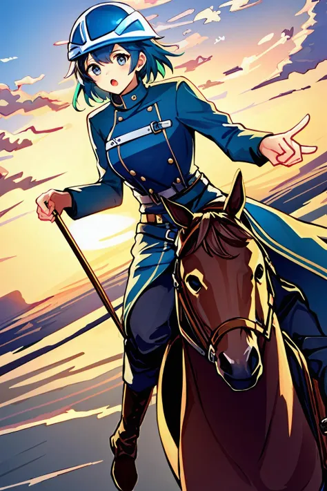 1girl,short green hair,wearing leather jacket,blue jeans,riding horse,(wearing leather helmet:1.2),goggles,:o, <lora:LORA-XenoDetailer-v2:0.1>