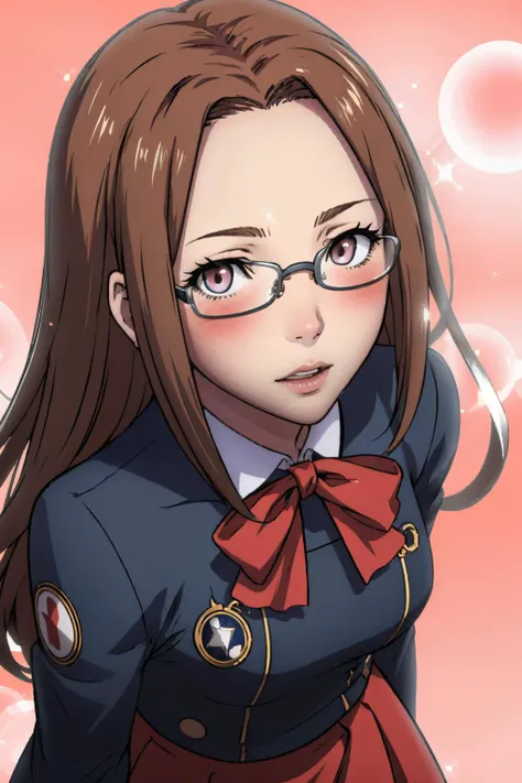 masterpiece, best quality,  <lora:zs_Chihiro:1> chihirop3, glasses, long hair, brown hair, gekkoukan high school uniform, skirt, looking at viewer <lora:FEA S Rank:1> pink background, bubble, sparkle, blush, looking at viewer, from above