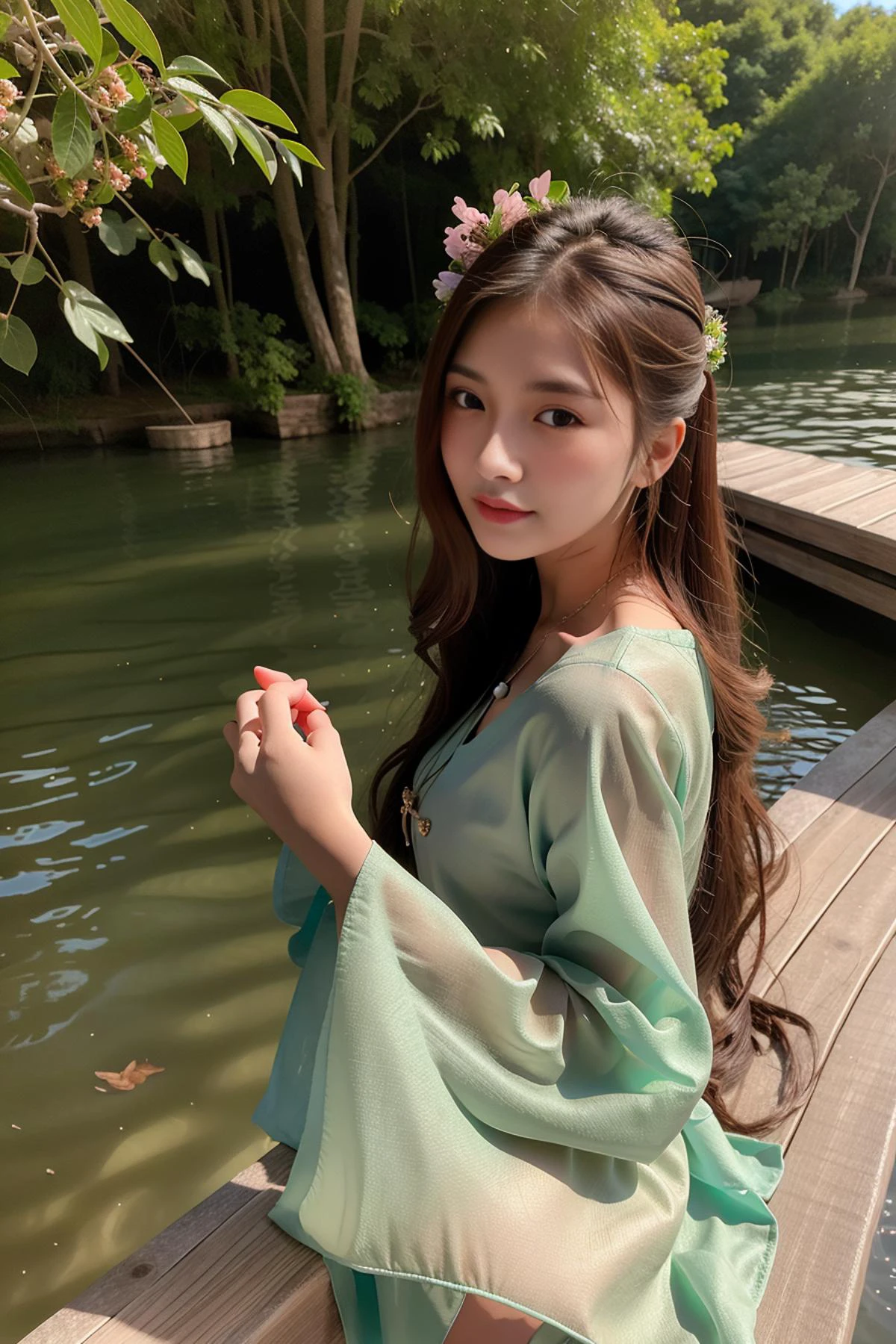 (4k, best quality), (realistic, photo-realistic),2girls,full body,hug, 
long hair, perfect hand,cute, dating, (nose blush), (closed mouth) small breasts,
beautiful detailed eyes,(tbhanfu),
<lora:taiwanDollLikeness_v10:0.35>,
<lora:SexyUnderwearHanfu_v02:0.65>,
outdoors, river, green tree,sunny