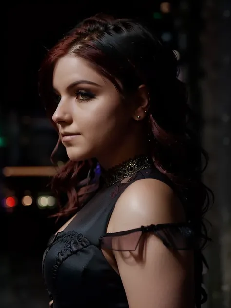 (((side shot:1.2))), medium shot photo of a mix of (victorian:0.8) and (vampire costume:0.5) Ariel Winter with red hair, nice cleavage, makeup, intricate steampunk+ city, evening, dark, atmospheric, mist, best quality masterpiece, photorealistic, detailed, 8k, HDR, shallow depth of field, broad light, high contrast, backlighting, bloom, light sparkles, chromatic aberration, sharp focus, RAW color photo