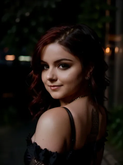 (((looking over shoulder:1.1))), far shot photo of a mix of (victorian:0.8) and (vampire costume:0.5) Ariel Winter with red hair, nice cleavage, makeup, intricate steampunk+ city, evening, dark, atmospheric, mist, best quality masterpiece, photorealistic, detailed, 8k, HDR, shallow depth of field, broad light, high contrast, backlighting, bloom, light sparkles, chromatic aberration, sharp focus, RAW color photo