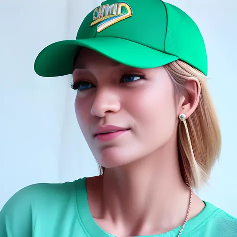 masterpiece, best quality, 1girl, aqua eyes, baseball cap, blonde hair, closed mouth, earrings, green background, hat, hoop earrings, jewelry, looking at viewer, shirt, short hair, simple background, solo, upper body, yellow shirt, <lora:amyrarosli:1>,amyrarosli face,